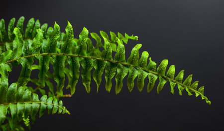 Fresh wet fern leaves with water drops on a black background. Copy space.の写真素材