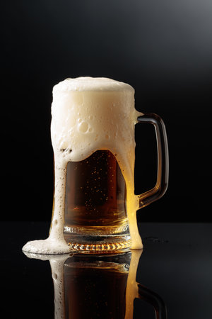 Mug of beer on a black reflective background.の写真素材