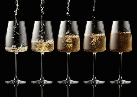 Pouring white wine into a glass on a black background.の写真素材