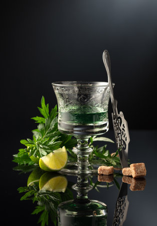 Glass of absinthe with ingredients on a black background. Absinthe spoon, brown sugar, sagebrush...