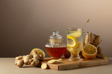 Ginger tea with lemon and honey on a beige background. Copy space.
