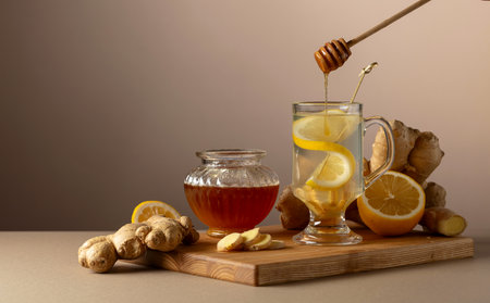 Ginger tea with lemon and honey on a beige background. Copy space.