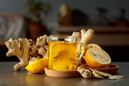 Ginger tea with lemon on a kitchen table. Copy space.