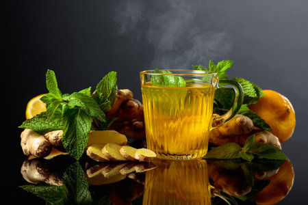 Ginger tea with lemon and mint on a black reflective background.