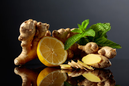 Ginger with lemon and mint on a black reflective background.