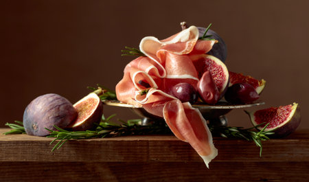 Prosciutto with figs, rosemary, and red olives on an old wooden table. Copy space.の写真素材