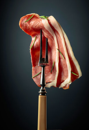 Sliced prosciutto with rosemary on a fork.の写真素材