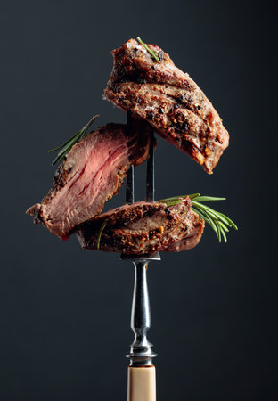 Grilled ribeye beef steak with rosemary on a fork.の写真素材