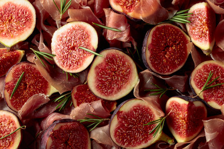 Prosciutto with rosemary and fig fruit. Traditional Italian snack. Top view.の写真素材