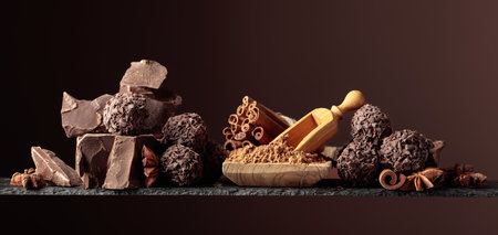 Chocolate truffles with broken pieces of chocolate. Chocolate, cinnamon sticks and anise on a dark background.の写真素材