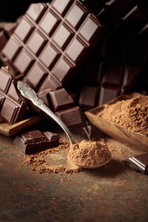 Scraps of dark chocolate next to a wooden bowl of cocoa powder. The warm brown background emphasizes the richness of the chocolate color. Focus on a spoon.の写真素材