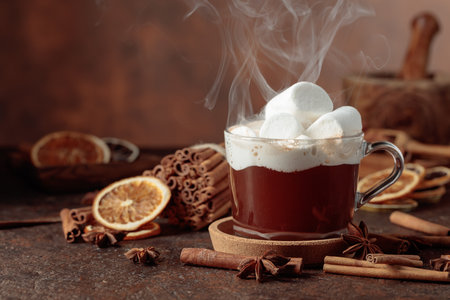 Hot chocolate with marshmallows. Winter drink with spices on a dark brown background. Copy space.の写真素材