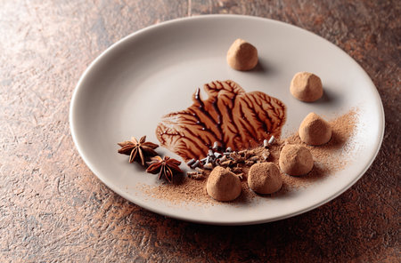 Chocolate truffles on a beige plate with chocolate sauce. Copy space.の写真素材