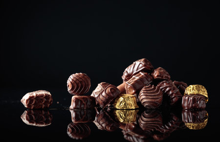 Chocolate candies on a black reflective background. Copy space.