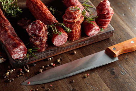Sliced dry cured sausages with peppercorns, thyme, rosemary, and garlic on an old cutting board.の写真素材
