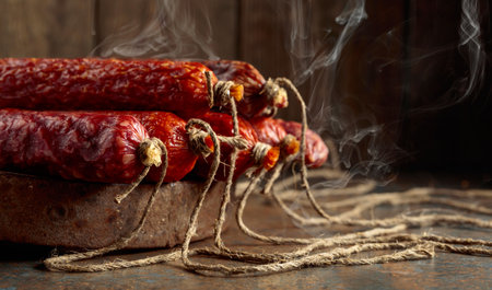 Smoked and dry cured sausages with rosemary on a rustic background.の写真素材