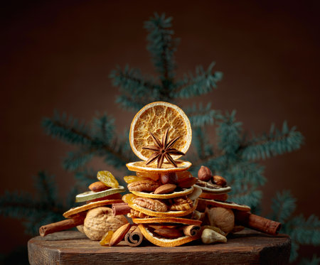 Dried fruits and nuts on an old wooden table.の写真素材