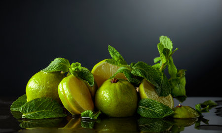 Limes and fresh mint branches on a black background. Ingredients for refreshing drinks and cocktails. Copy space.の写真素材