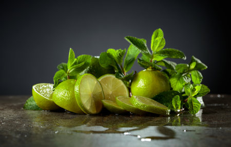Lime slices and fresh mint branches on a stone table. The water droplets on a table create an extra feeling of freshness that anyone who experiences it can enjoy.の写真素材