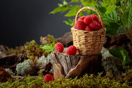 A small wicker basket filled with fresh, ripe raspberries on an old stump in forest. The vibrant red...