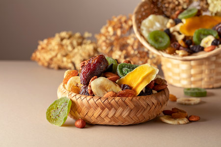 Dried tropical fruits, nuts and raisins on a beige background. Copy space.の写真素材