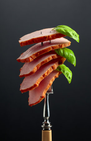 Sliced smoked ham with basil on a fork.の写真素材