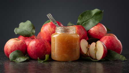 Apple jam and fresh apples with leaves on a black background.の写真素材