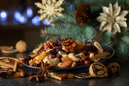 Dried tropical fruits with various nuts and raisins. Sweet tropical fruits.の写真素材