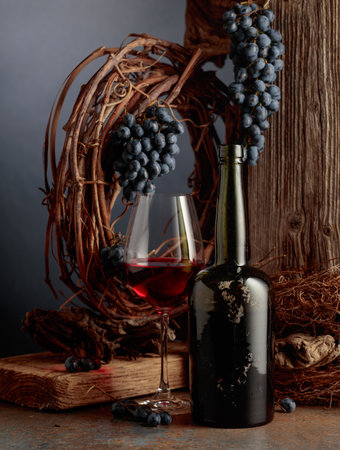 An antique bottle of port wine against the backdrop of an old weathered board, dried vine, and blue grapes. The concept of aged wines.の写真素材