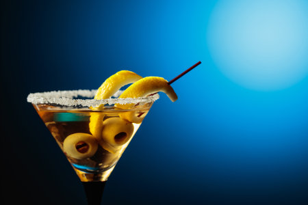 Glass of Martini with green olives and lemon peel on a blue background. Copy space.の写真素材