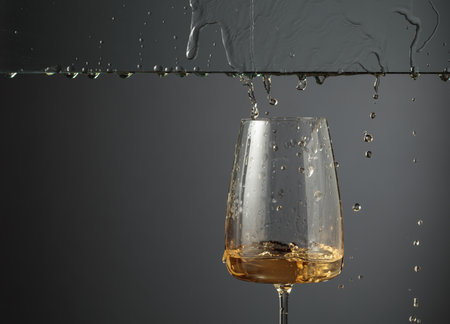 White wine flows down into a glass. black background with copy space.の写真素材