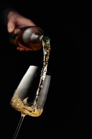 Pouring white wine into a glass. Black background with copy space.の写真素材
