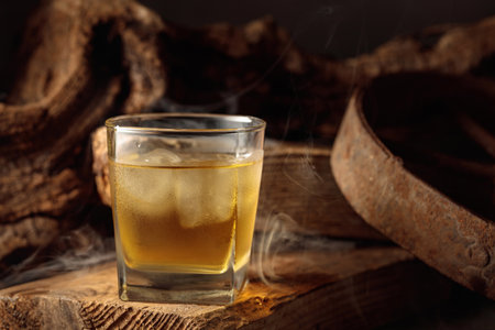 Whiskey with ice on an old wooden board. Vintage background with old wood and rusty metal. Concept of old expensive drinks.の写真素材