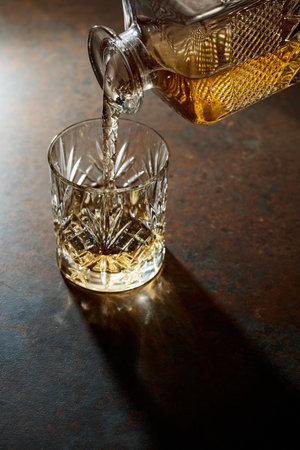 Whiskey pour from a decanter into a cut glass tumbler. Copy space.