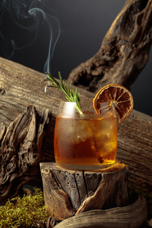 An old-fashioned cocktail over ice on an old wooden stump. Cold refreshing drink garnished with dried orange slice and smoldering sprig of rosemary.の写真素材