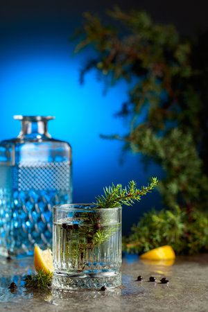 Gin and tonic cocktail with juniper branches and lemon slices on a stone table. Blue backlight.の写真素材
