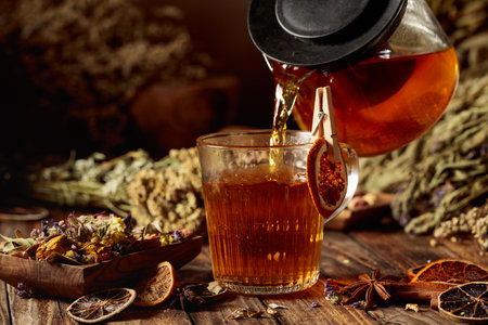 Hot herbal tea is poured into a glass mug. Various dried herbs and spices are laid out on an old wooden table. Aromatherapy or herbal medicine concept.の写真素材