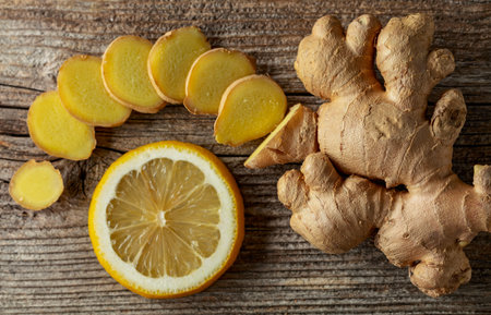 Ginger and lemon slice on an old wooden board. Top view.の写真素材