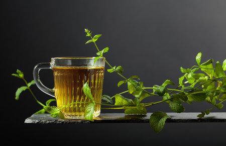 Cup of mint tea and fresh mint sprigs on a black background. Copy space.の写真素材