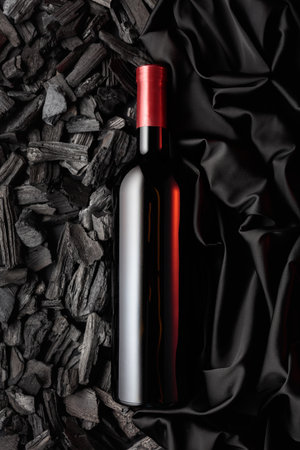 Bottle of red wine against a backdrop of charcoal and black satin. A conceptual image with rich and contrasting textures. Top view.の写真素材