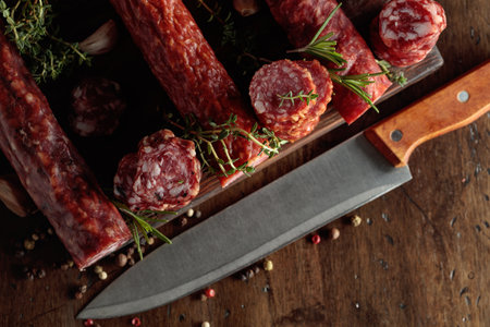 Sliced dry cured sausages with peppercorns, thyme, rosemary, and garlic on an old cutting board.の写真素材