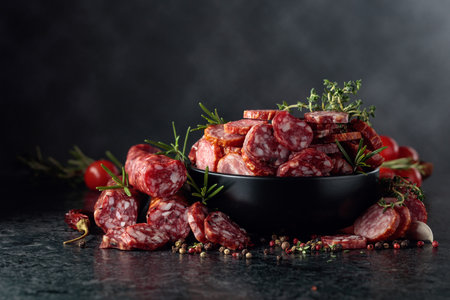 Sliced dry cured sausages with peppercorns, thyme, rosemary, tomatoes, and garlic on a black table.の写真素材