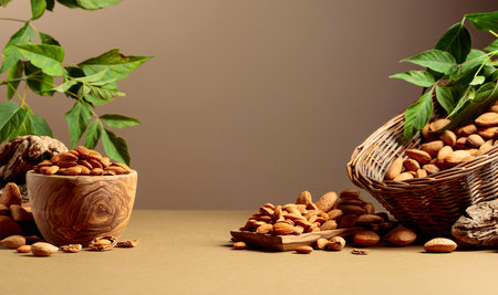 Almond nuts on a brown background. Copy space.の写真素材