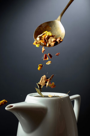 Mix of dried herbs and flowers is poured into a white teapot.の写真素材