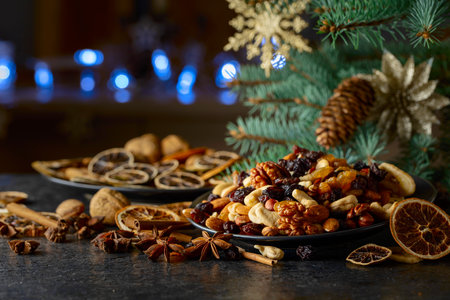Christmas spices, various nuts, raisins, and dry citrus slices on a kitchen table. Christmas still-life with spruce branches and dried fruits.の写真素材