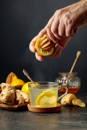 Ginger tea with lemon and honey. Juice is squeezed out of a lemon with an old wooden juicer.の写真素材
