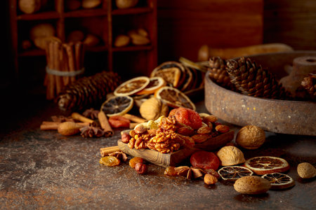 Dried fruits and nuts on a brown vintage background. Still-life with dried citrus, apricots,...