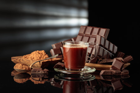 Mug of hot chocolate against broken bitter chocolate bars and wooden dish with cocoa powder. The black glossy background adds depth. Copy space.の写真素材