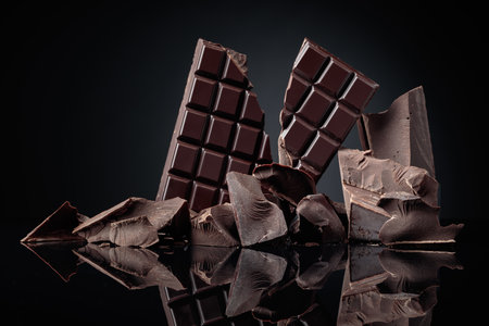 Broken chocolate bar and pieces of dark chocolate on a black reflective background. Copy space.