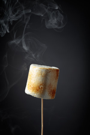Toasted marshmallows with smoke on a black background.の写真素材